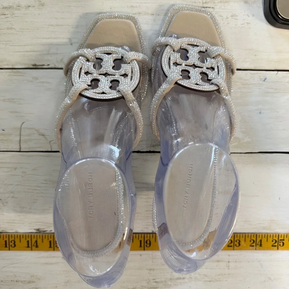 Tory Burch Miller‎ Crystal Sandals Women 7M Kitten Heel Logo Guest Rhinestone